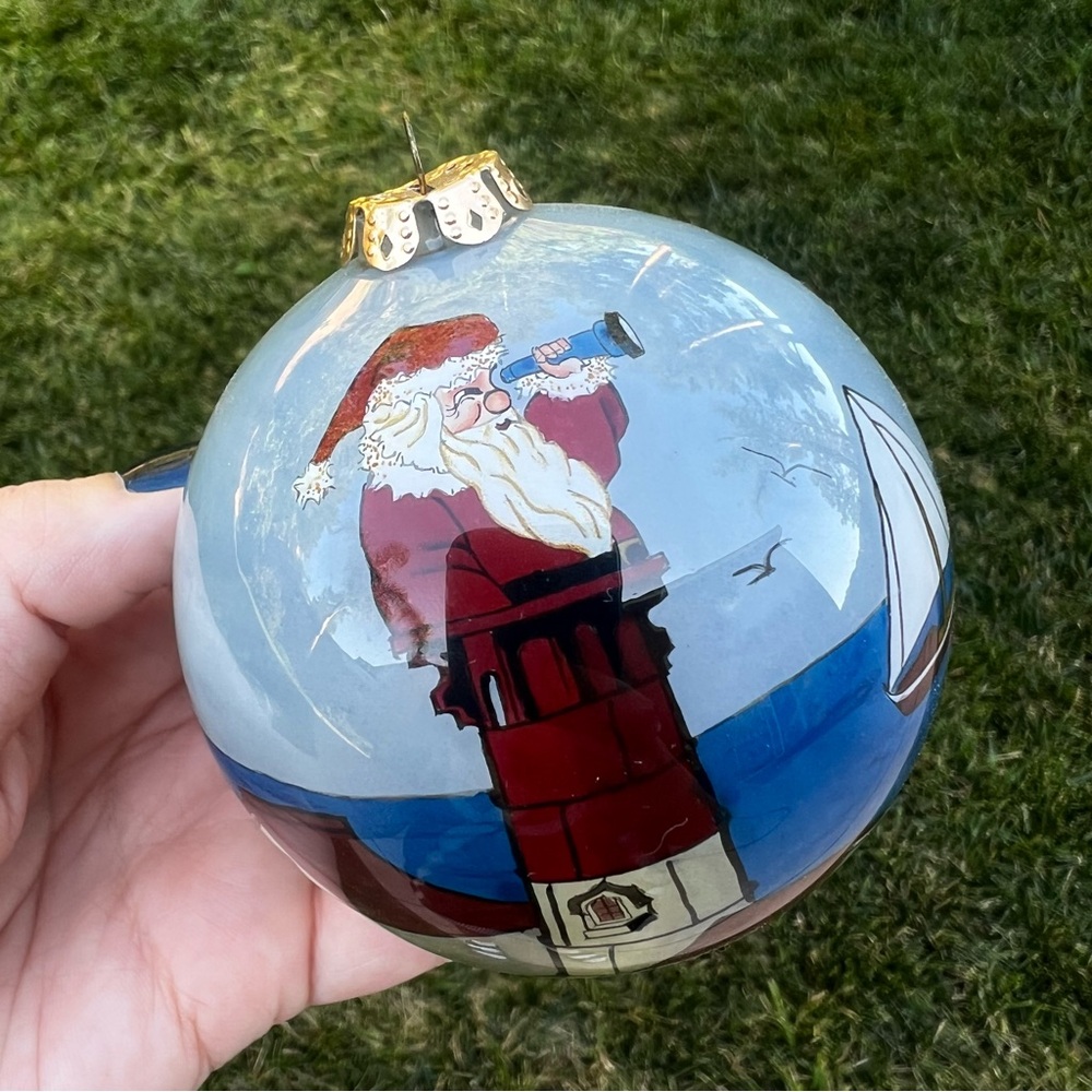 Reverse Painted Santa Claus Christmas Ornament Nautical Sail Boat Lighthouse